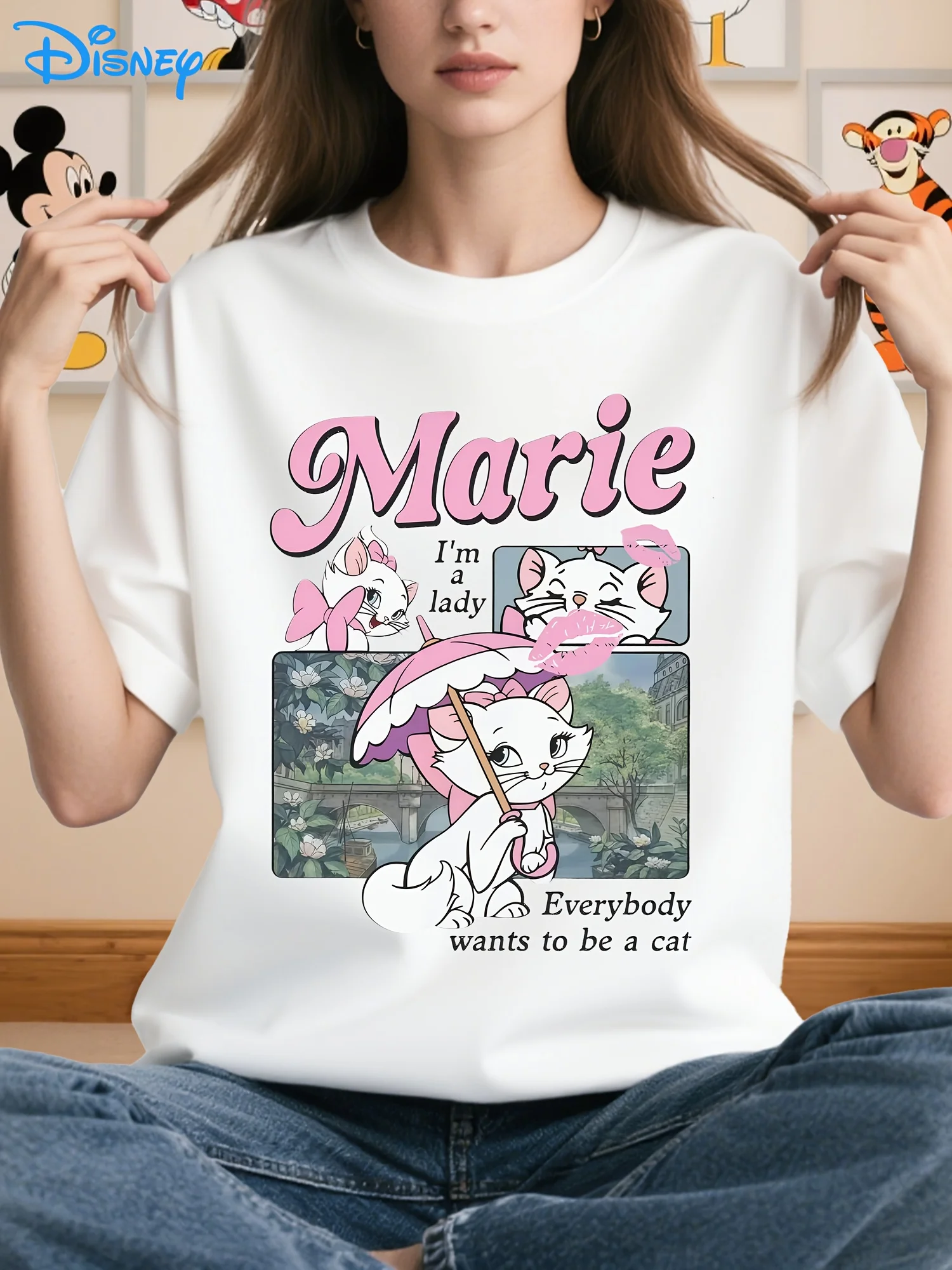 تي شيرت نسائي مقاس كبير من Marie The Elegant Cat - قميص صيفي كاجوال مستوحى من Aristocats كبير الحجم بأكمام قصيرة ورقبة دائرية