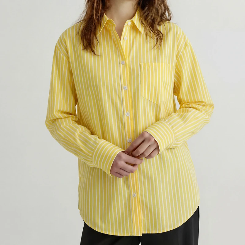 

Повседневные рубашки с пуговицами и полосками, с отложным воротником, для офиса, плиссированные, с длинным рукавом, женские, лето 2026, уличный стиль, свободные рубашки с карманами