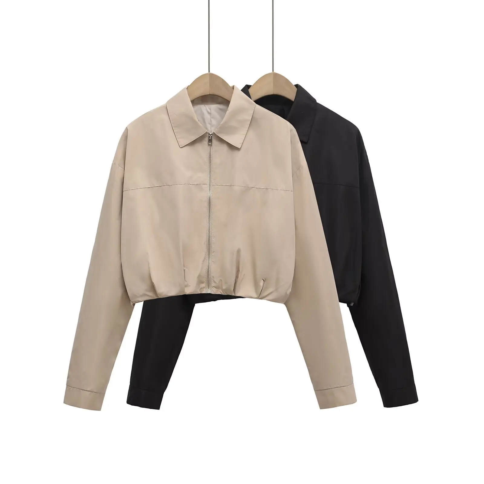   Sommer neue einfache und modische Reißverschluss freiliegende Taille plissierte Dekoration breites Revers langärmelige kurze Jacke