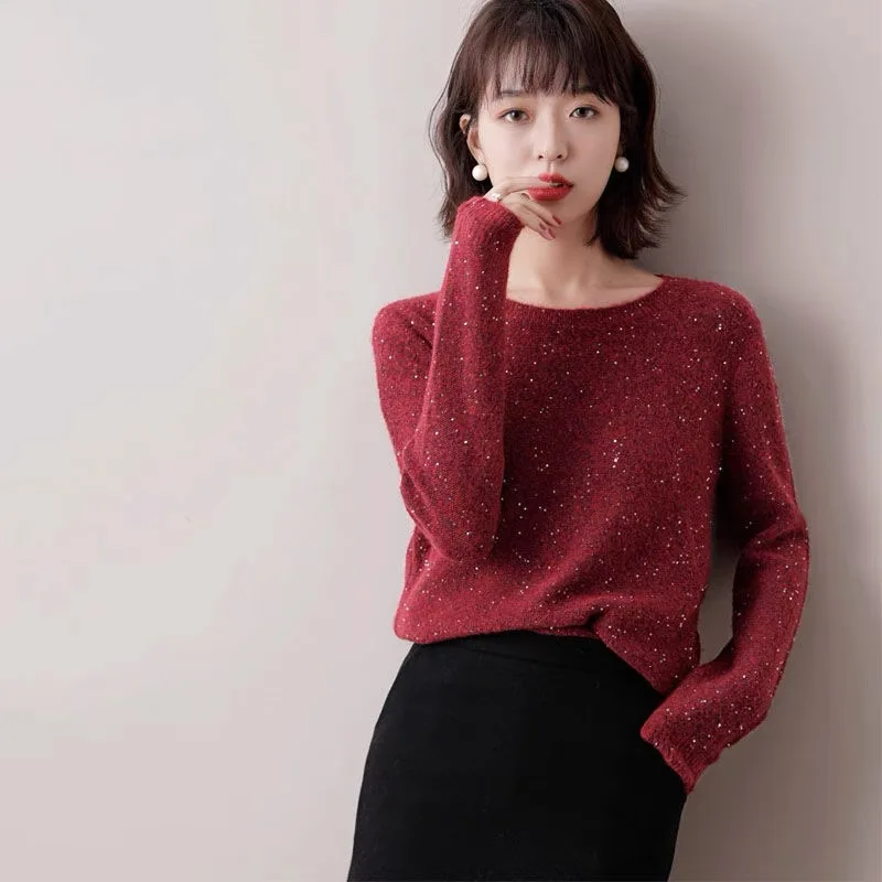 Sequin Pink Sweaters Women Knitted O-neck Pullovers Casual Solid Color Knit Tops Korean Fashion Versatile Bottoming Jumpers