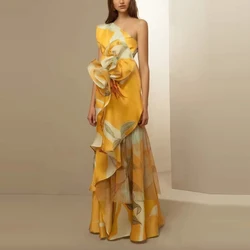 Women Elegant Floral Print Bohemian Dress Sexy Diagonal Collar Waist Evening Party Dress Fashion High Waist Draped Long Dresses