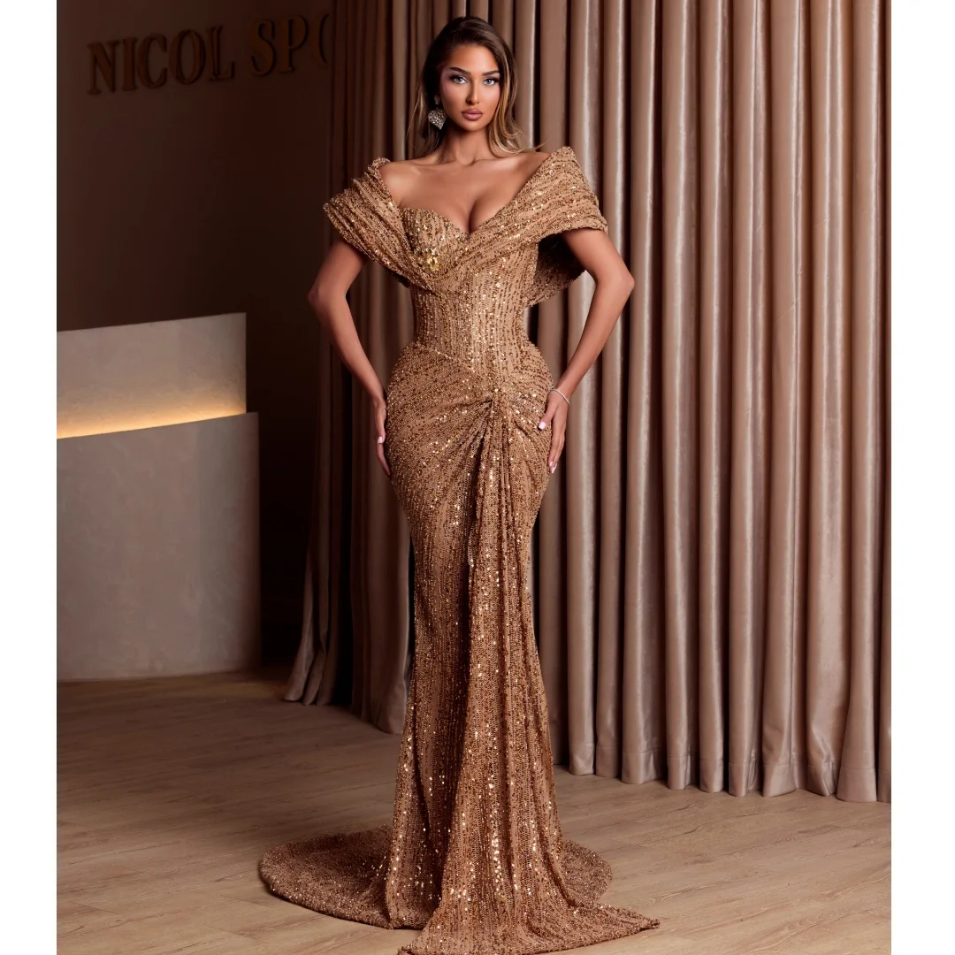 

Потрясающие золотые вечерние платья-русалка с блестками, открытыми плечами, для выпускного вечера, на заказ, сексуальные, блестящие, с плиссировкой, Vestido de Noche