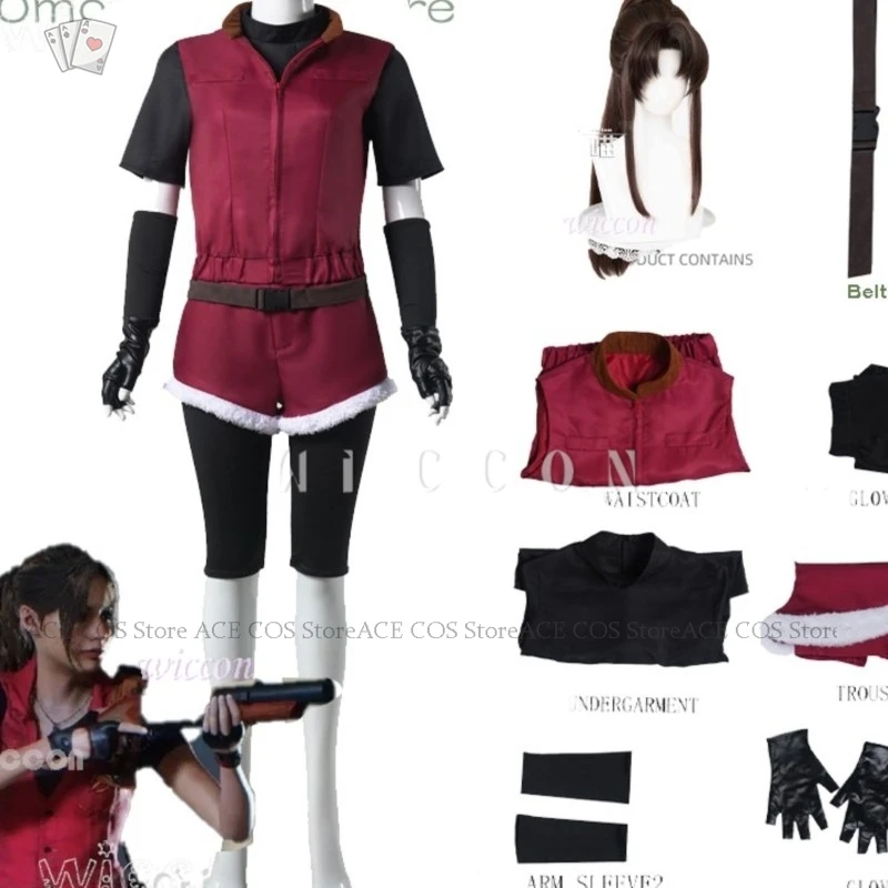 

ACE COS Store Anime Cosplay Resident 2 Re2 1988 Claire Cosplay Evil Redfield Costume Wig Red Uniforms Shorts Halloween Carnival