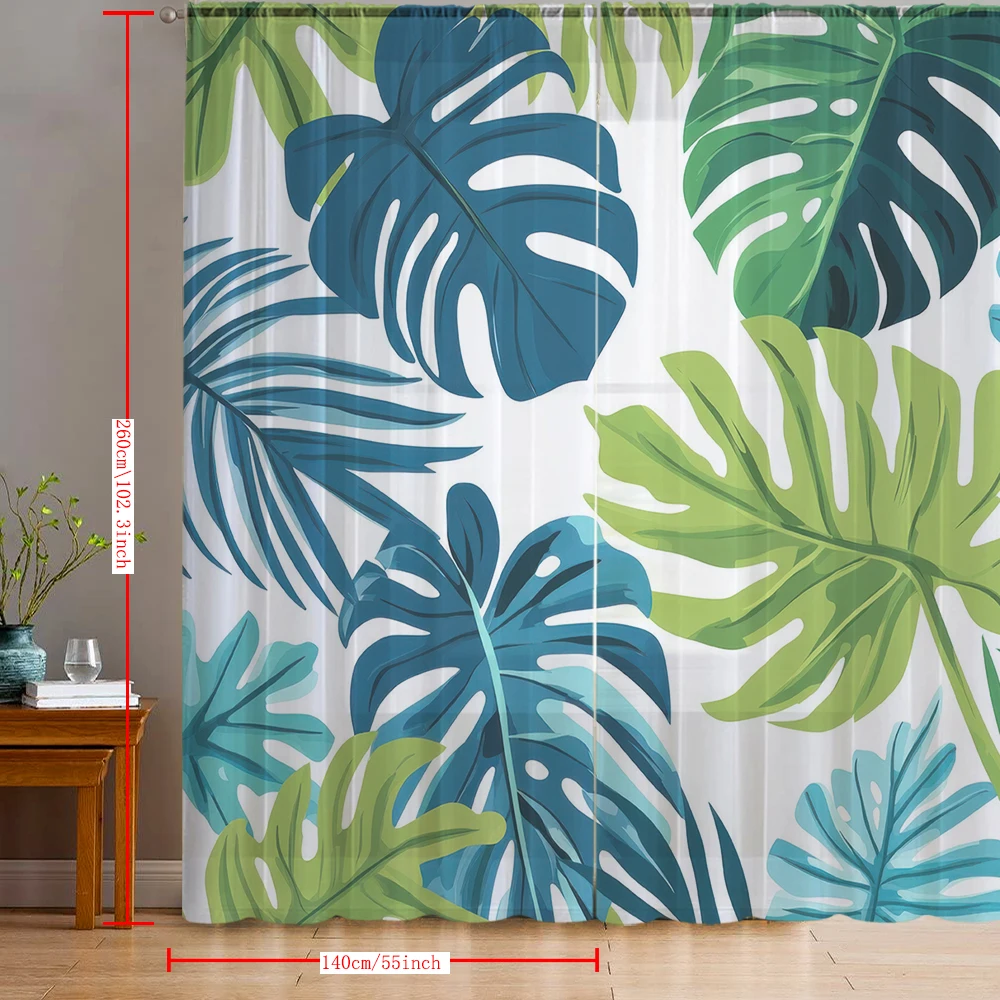 2PCS Blue green turtle backed bamboo printed window screens with pole pockets, suitable for kitchens, cafes, and living rooms