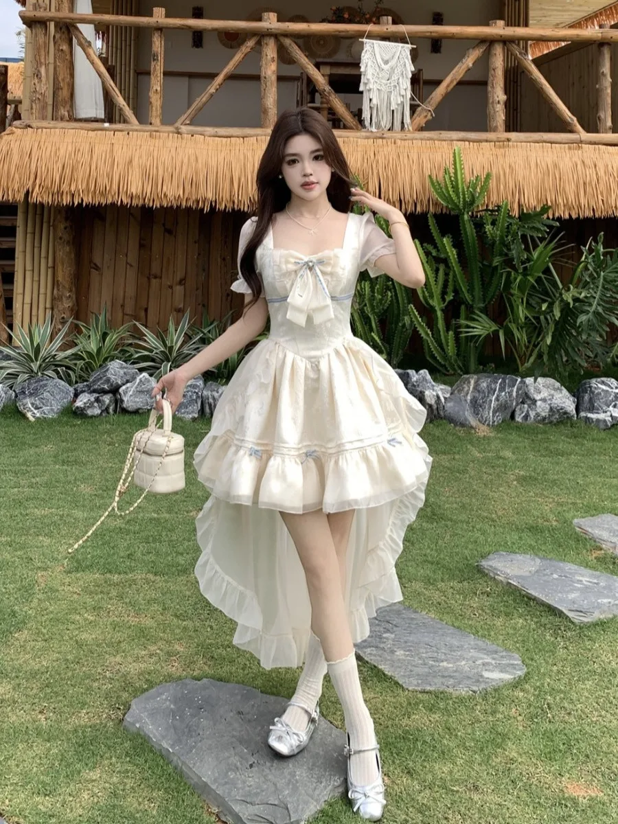 

Sweet Floral Embroidery Large Size Women's Dress with Bow Knot Square Collar Short Waist Cinched Skirt for City Commuting