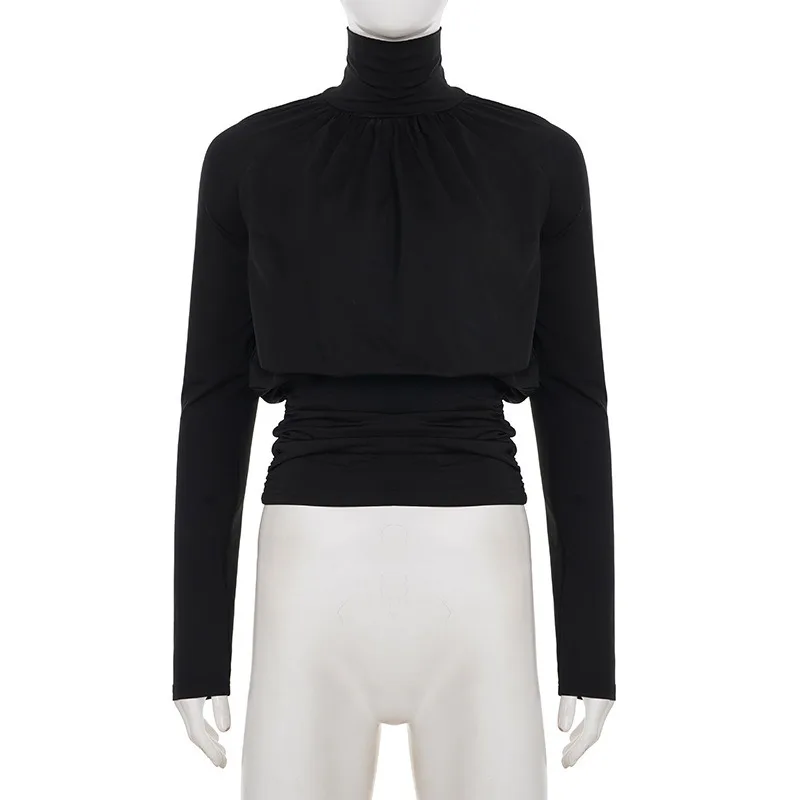 Talenza Black Ruched Top Stylish High-Neck Slim Elegant Long-Sleeved Top Spring/Autumn Casual Commuter Chic New Female T-Shirts