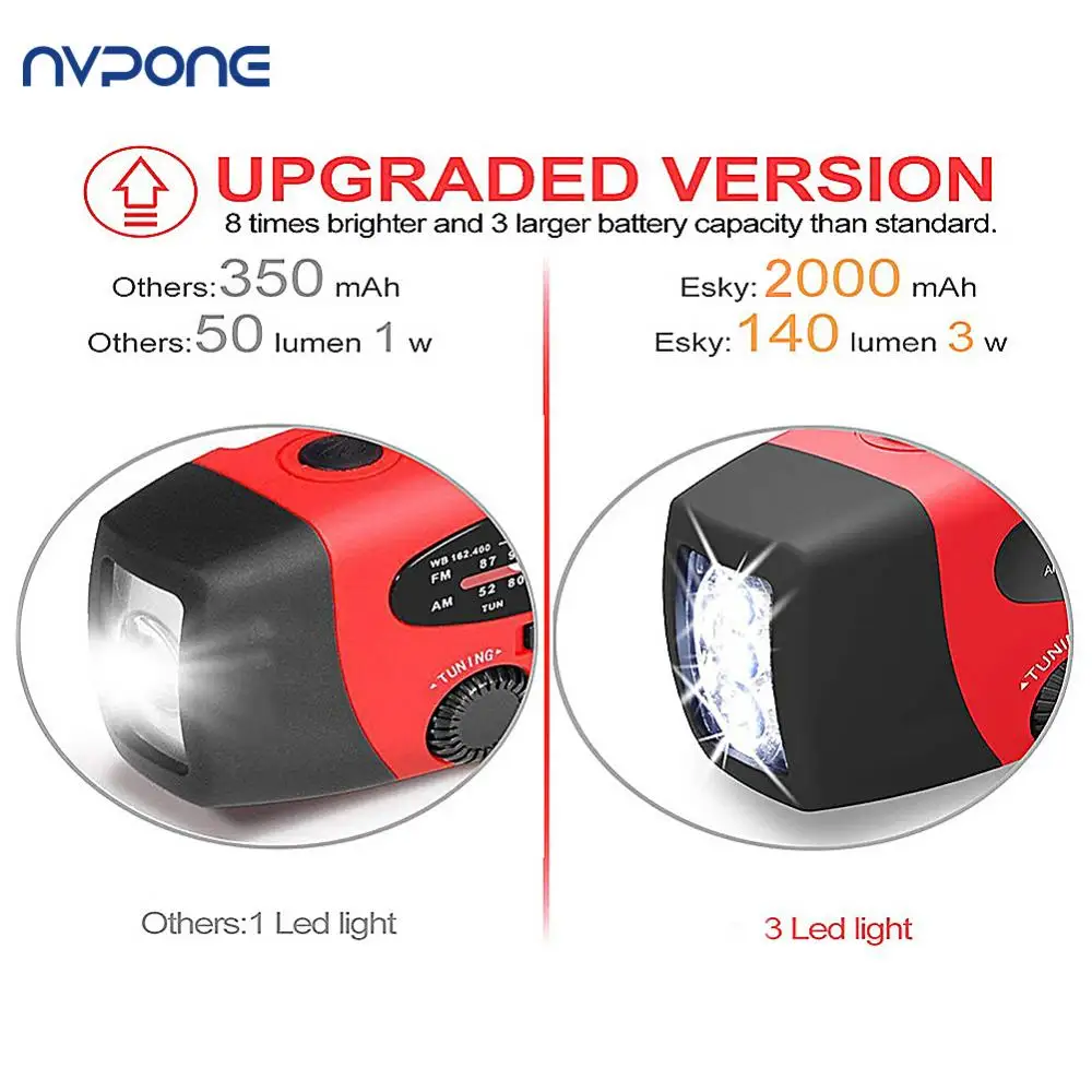 Rádios de alta capacidade, 2000mah, carregamento usb, emergência, portátil, lanterna led, manivela solar, rádio fm am wb noaa, rádio meteorológico