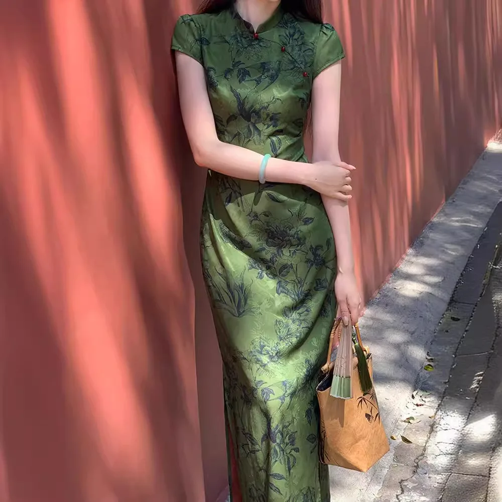 New Retro Chinese Style Qipao Dress Summer Women Elegant Stand Collar Improved Cheongsam Long Wedding Party Dress Hanfu CH-214