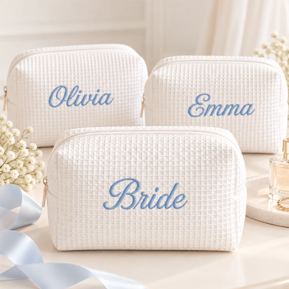 Custom Embroidered Name Waffle Makeup Bag, Personalized Cosmetic Pouch, Bridal Shower Gift, Travel Toiletry Storage Bag for Brid