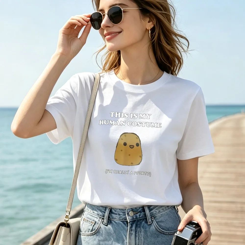 This Is My Human Costume Print Men T Shirt I'm Really A Potato Cartoon Graphic Crew Neck Short Sleeve Funny Slogan Summer Funny