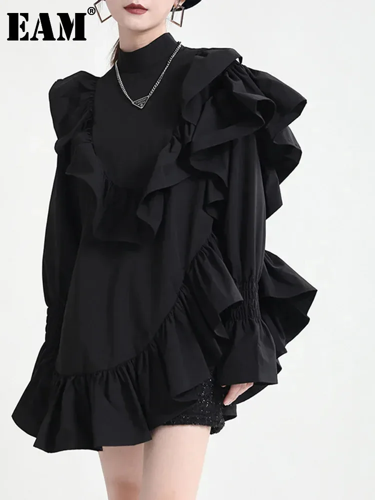 

[EAM] Women Black Ruffles Irregular Blouse New Stand Collar Long Sleeve Loose Fit Shirt Fashion Tide Spring Autumn 2024 1Z19900