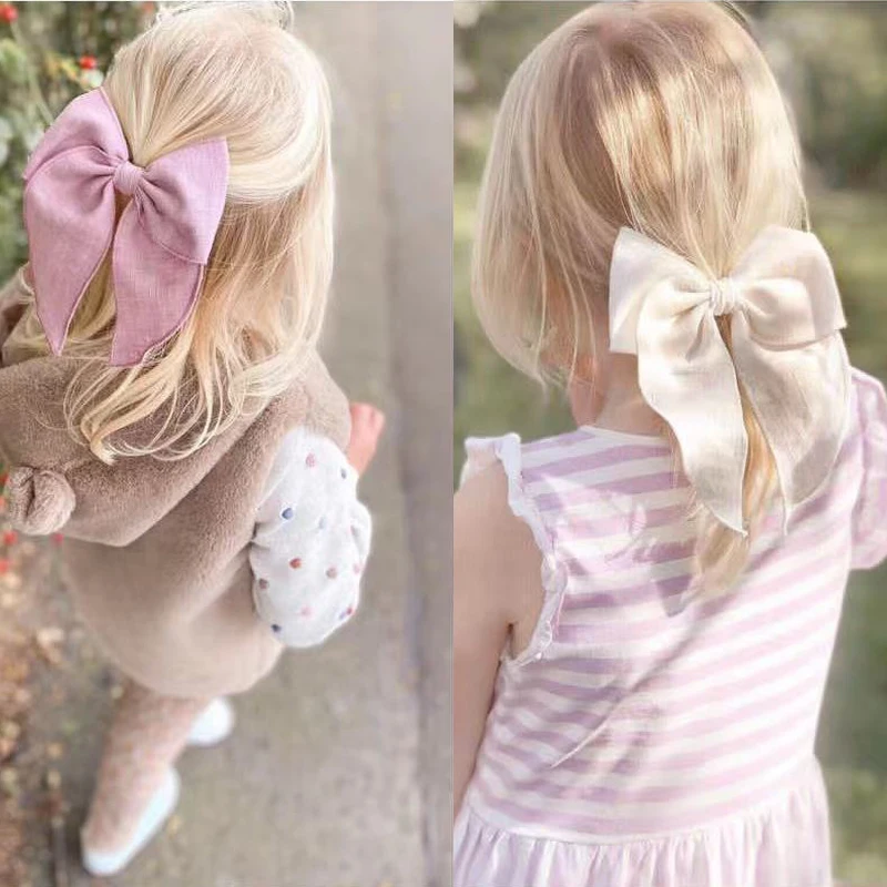 Beautiful Girl Hair Clips Big Linen Hair Bows 5.2 In Handmade Vintage Kids Solid Hairgrips Children Hair Accessories New