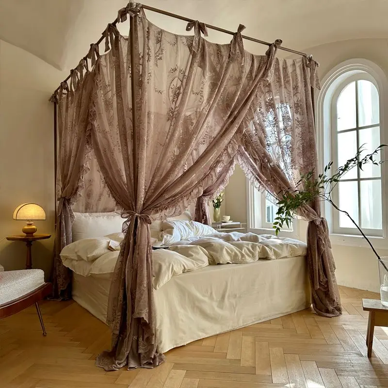 High-end Homestay Hotel Mosquito Net No Installation Bracket Three Open With Tie French Princess Style Brown Lace Bed Curtain