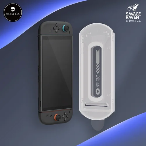 Savage Raven by Skull & Co. Protector de pantalla de película de vidrio templado con kit de instalación EZ Zero Dust para Nintendo Switch 2 (paquete de 2)