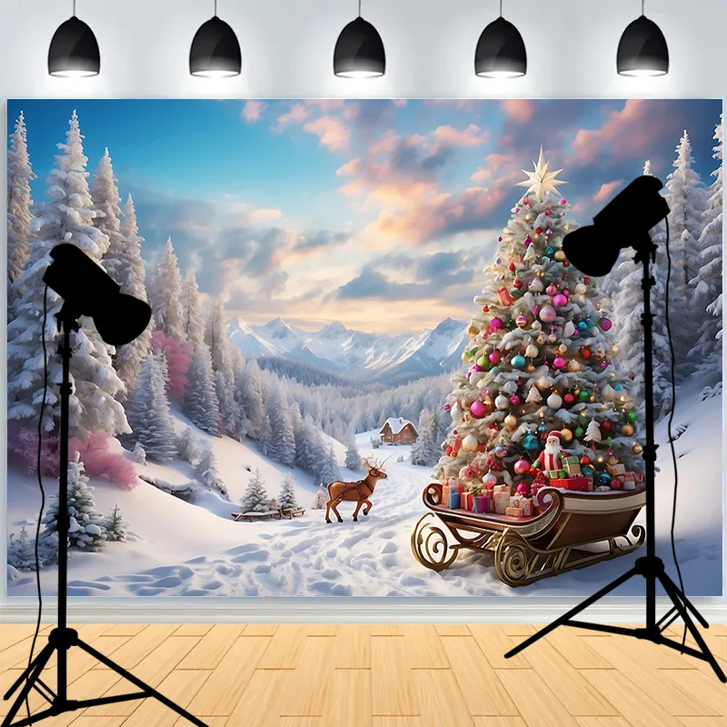 Albero di Natale con pavimento in legno Fondali fotografici Pigne Camino da neve Capodanno Festa invernale Sfondo DT-24