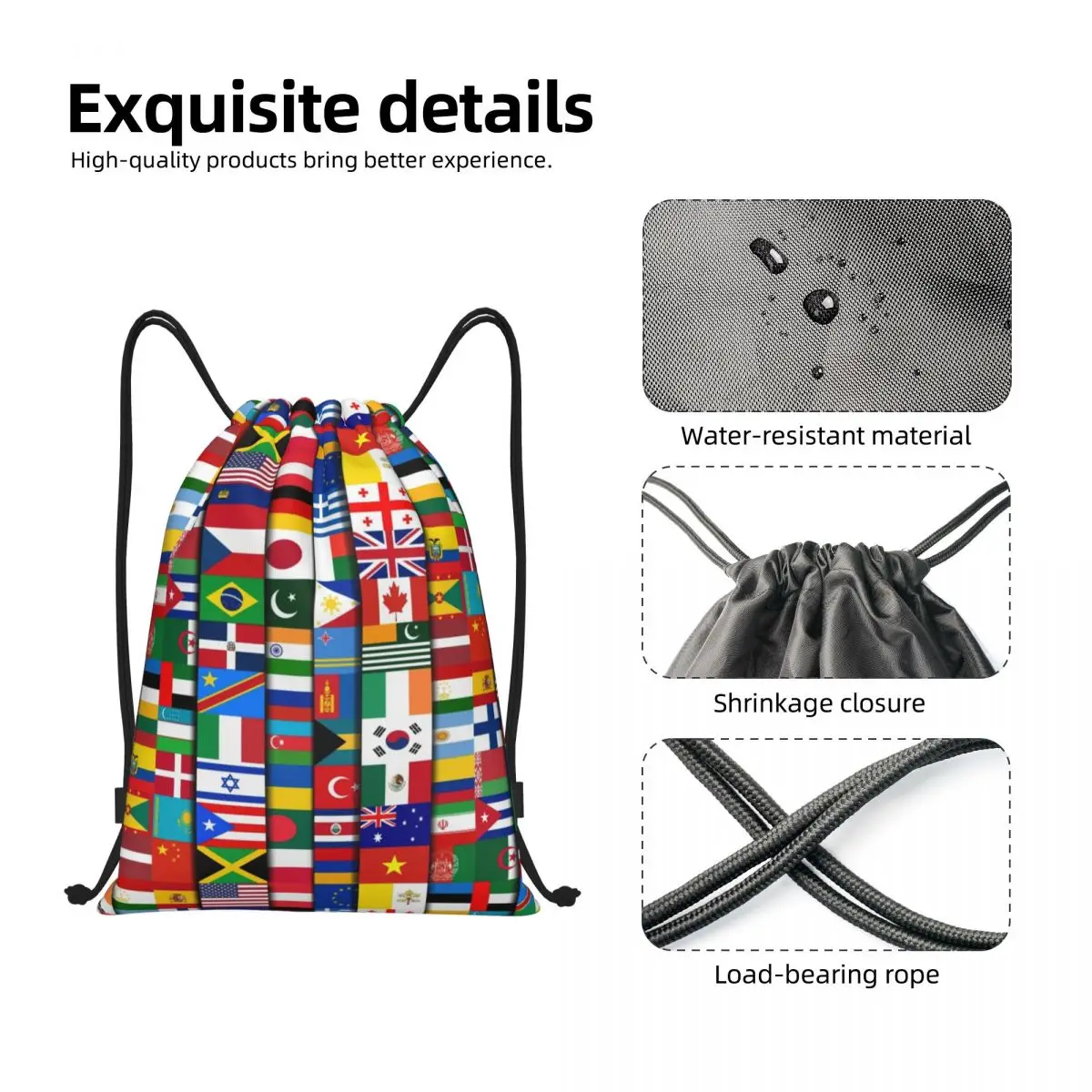 Mochila de cordão para mulheres, Bolsa de ginástica esportiva, Presente internacional, Mochila de treinamento, 60 bandeiras dos países do mundo, personalizada