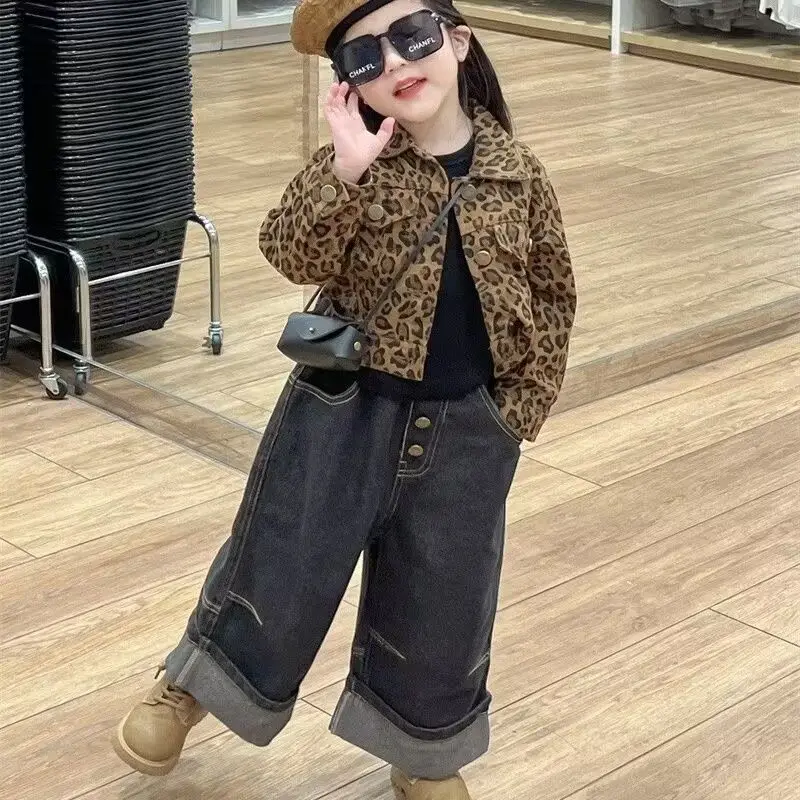 Children\'s Autumn Suit Trend Short Girls\' Leopard Coat Korean Girls\' Baby Jeans Two Piece Set  kids jackets for girls