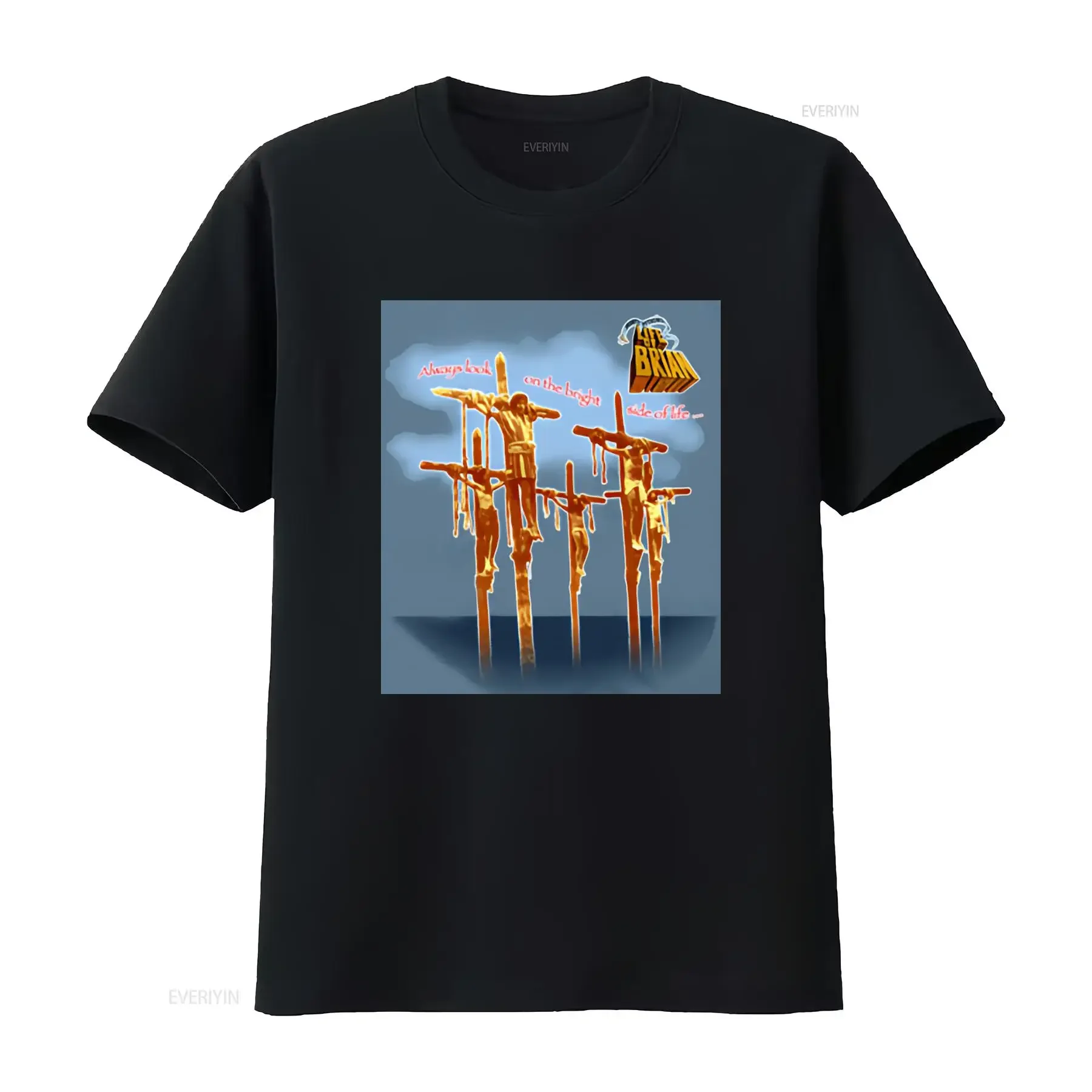 Monty Python Life of Brian Liquid Blue Herren-T-Shirt in Übergröße mit der ikonischen Kreuzszene und der Aufschrift „Always Look on the Bright Side“.