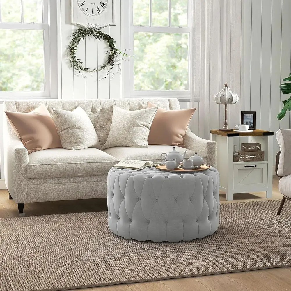 DAFIFY Velvet-Feel Upholstered Foot Stool with Button Tufted Design, Padded Seat for Living Room, Entryway, Light Gray