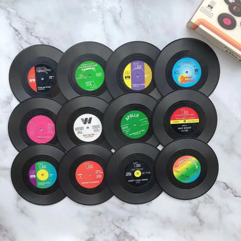 Vintage Record Coaster Coffee Coaster Anti Slip and Heat Insulation Black Rubber Placemat Desktop Display Desk Home Decoration