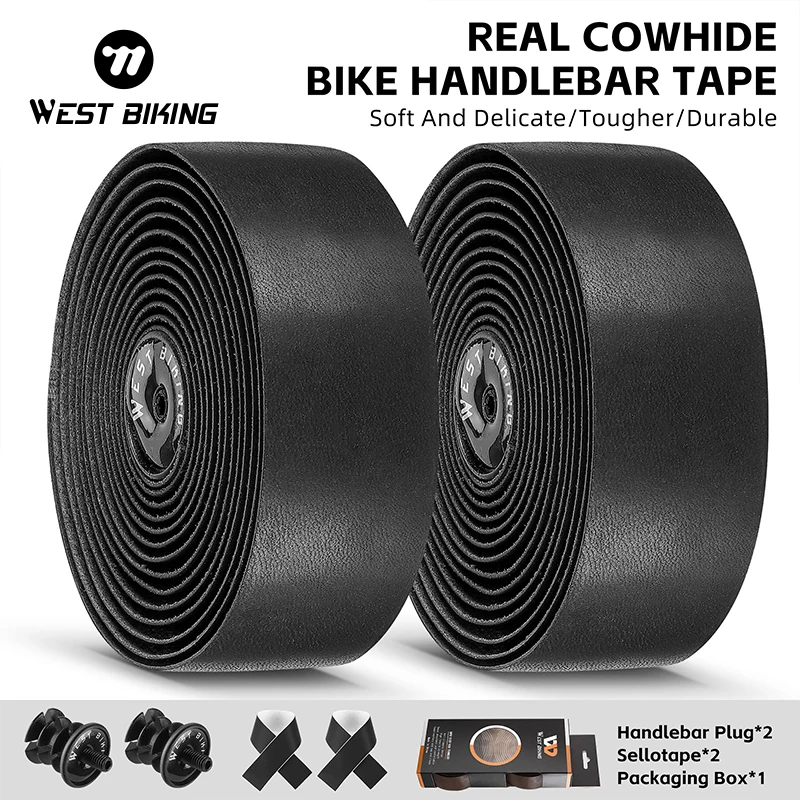 WEST BIKING Real Cowhide Bicycle Handlebar Tape Durable 215cm Bike Bar Tape Cycling Damping Wrap Straps End Plug Accessories