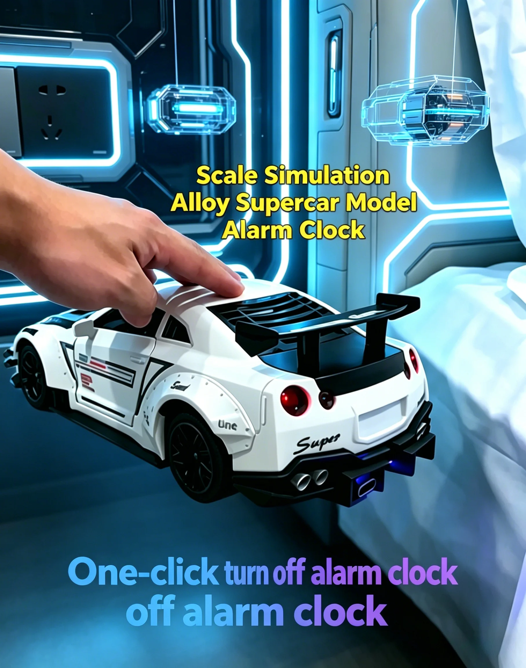 

Rechargeable Sports Car Alarm Clock, LED Night Light Spray & 3 Engine Sounds - Ideal Gift for Kids & Car Lovers