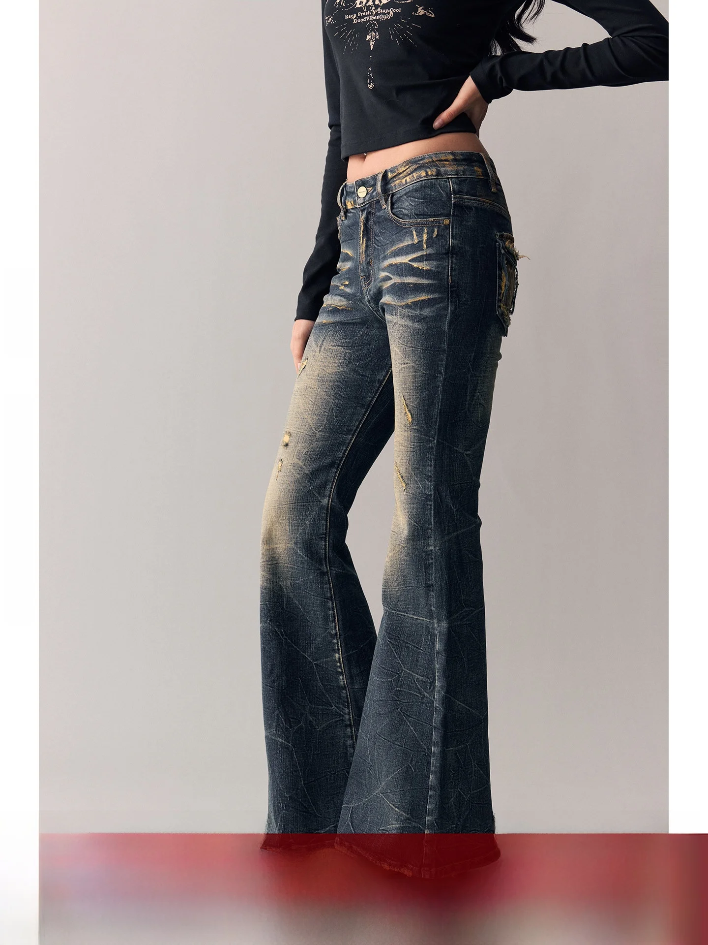 

Retro BeerBro Bell Bot Jeans Versatile Waed Cotton Low Waist Spring Faion for Young Women in Their 20s Deep Light Colors