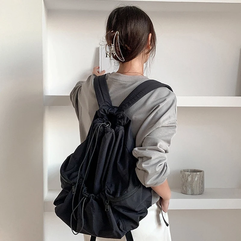 Sacs à dos Wstring de proximité froncés pour femmes, tissu en nylon esthétique, sac à dos léger pour étudiants, sac de voyage féminin, mode