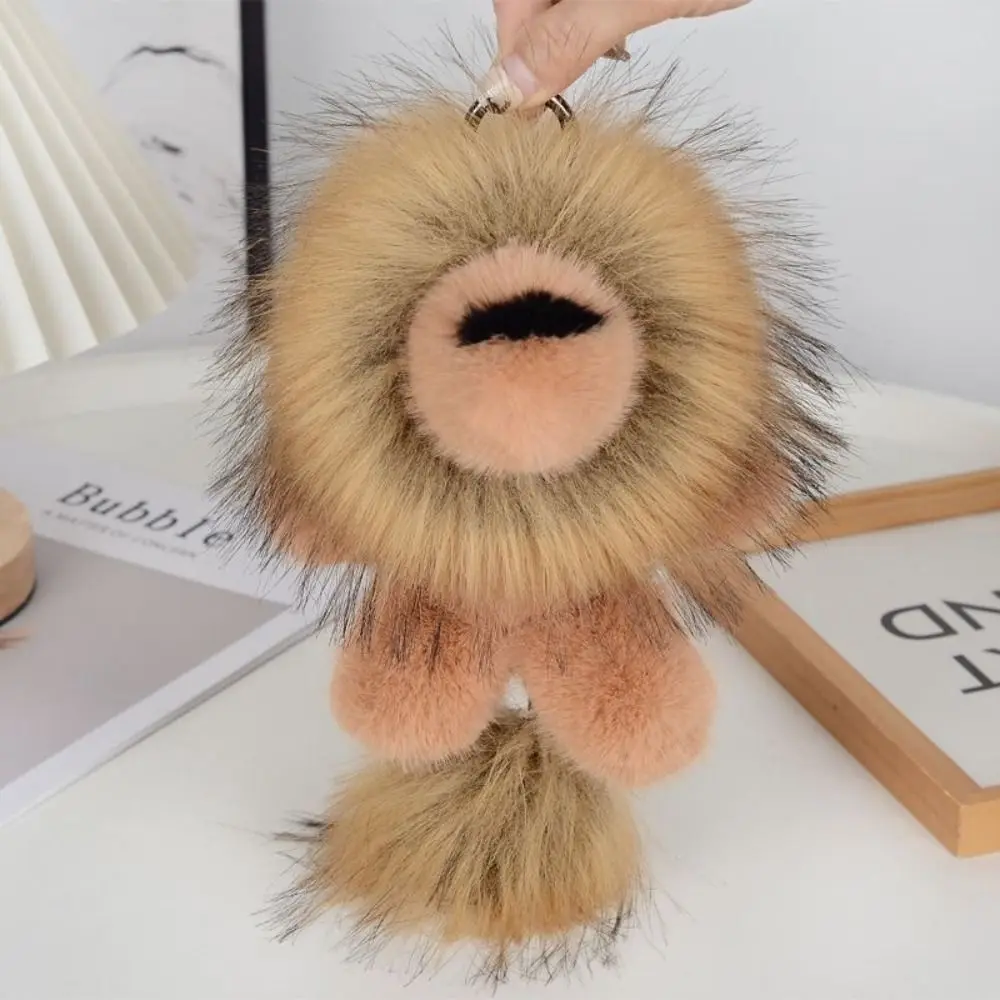 Long Mane Lion Plush Pendant with Tail Stuffed Plush Lion Keychain Ornaments Simulation Rabbit Fur Cute Animal Keychain
