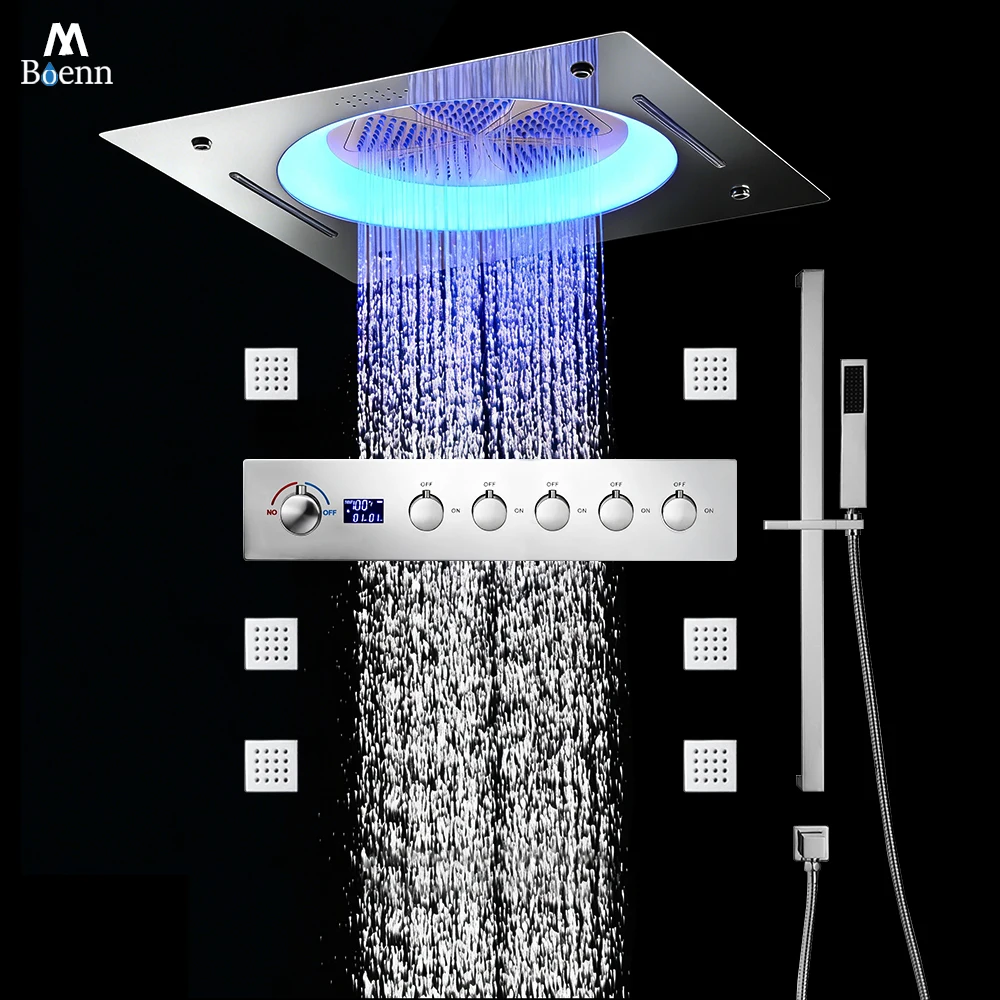 

M Boenn 5-функциональный хромированный душевой набор, патрубки для ванной комнаты, дисплей температуры, смеситель для горячей и холодной воды, встроенная потолочная музыкальная насадка для душа