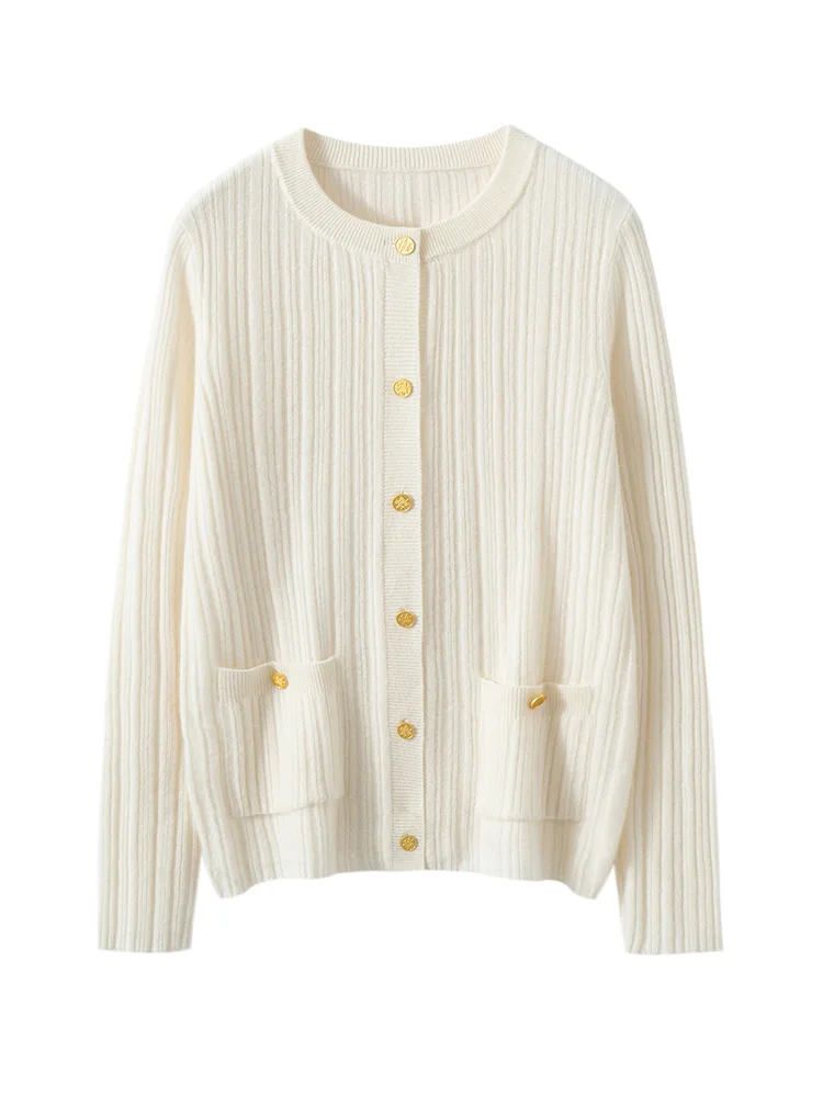 

Chic Button Cardigan O-Neck Women's 100% Cashmere Knitted Sweater Autumn Winter Fashionably Simple Style Female Grace Base Tops