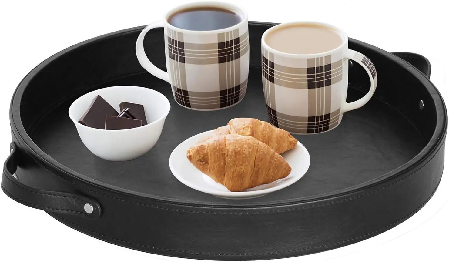 

Pu Leather Round Tray, Serving Tray With Handles, Decorative Catchall Vanity Tray, Coffee Tray, Faux Leather Ottoman Tray For