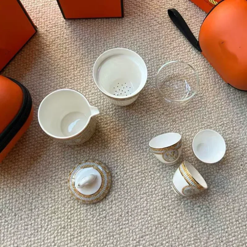 Bone china travel tea set portable storage bag outdoor teapot teacup