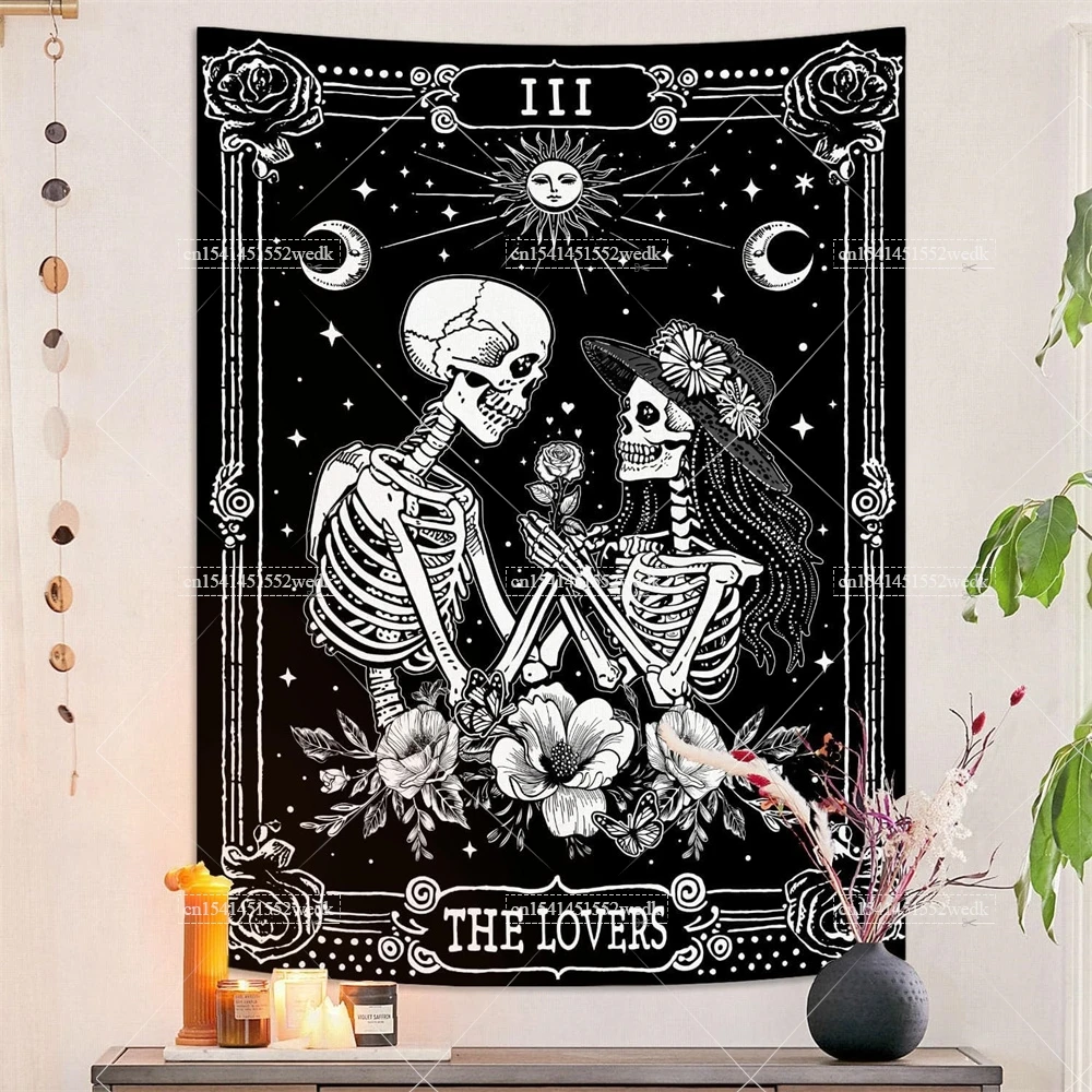 Vintage The Lover Wall Hanging Tapestry Skeleton Flowers Tarot Card Tapestry Astrology Aesthetic Room Decorative Party Backdrops