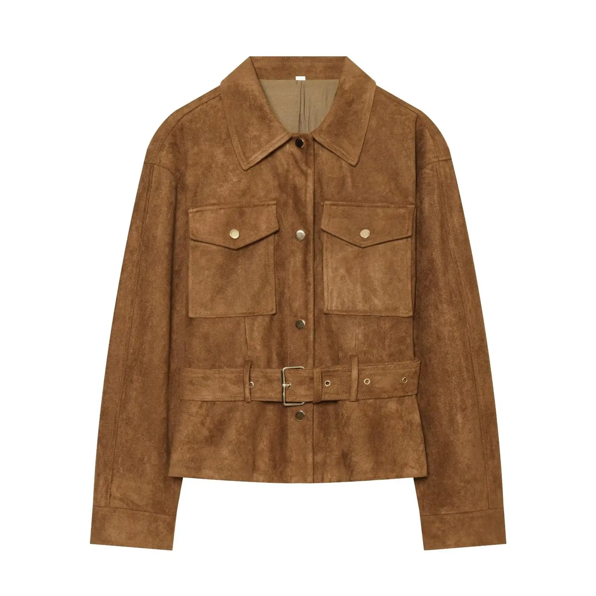 TFMLN Schicke Wildlederjacke für Damen, modischer Reverskragen, lange Ärmel, Taschen, schmal geschnittener Mantel, 2026, neuer Herbst, Gürtel, Damen-Retro-Oberbekleidung – Detail 2