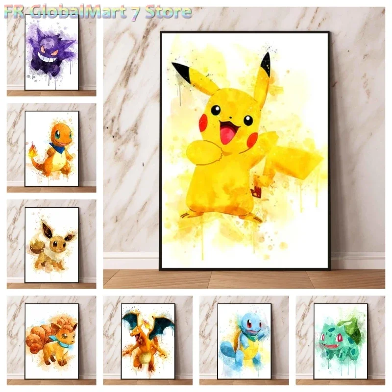 Print on Canvas Pokemon Themed Poster Pikachu Watercolor Wall Decor High Quality Living Room Kids Room Ideal Decoration Paint