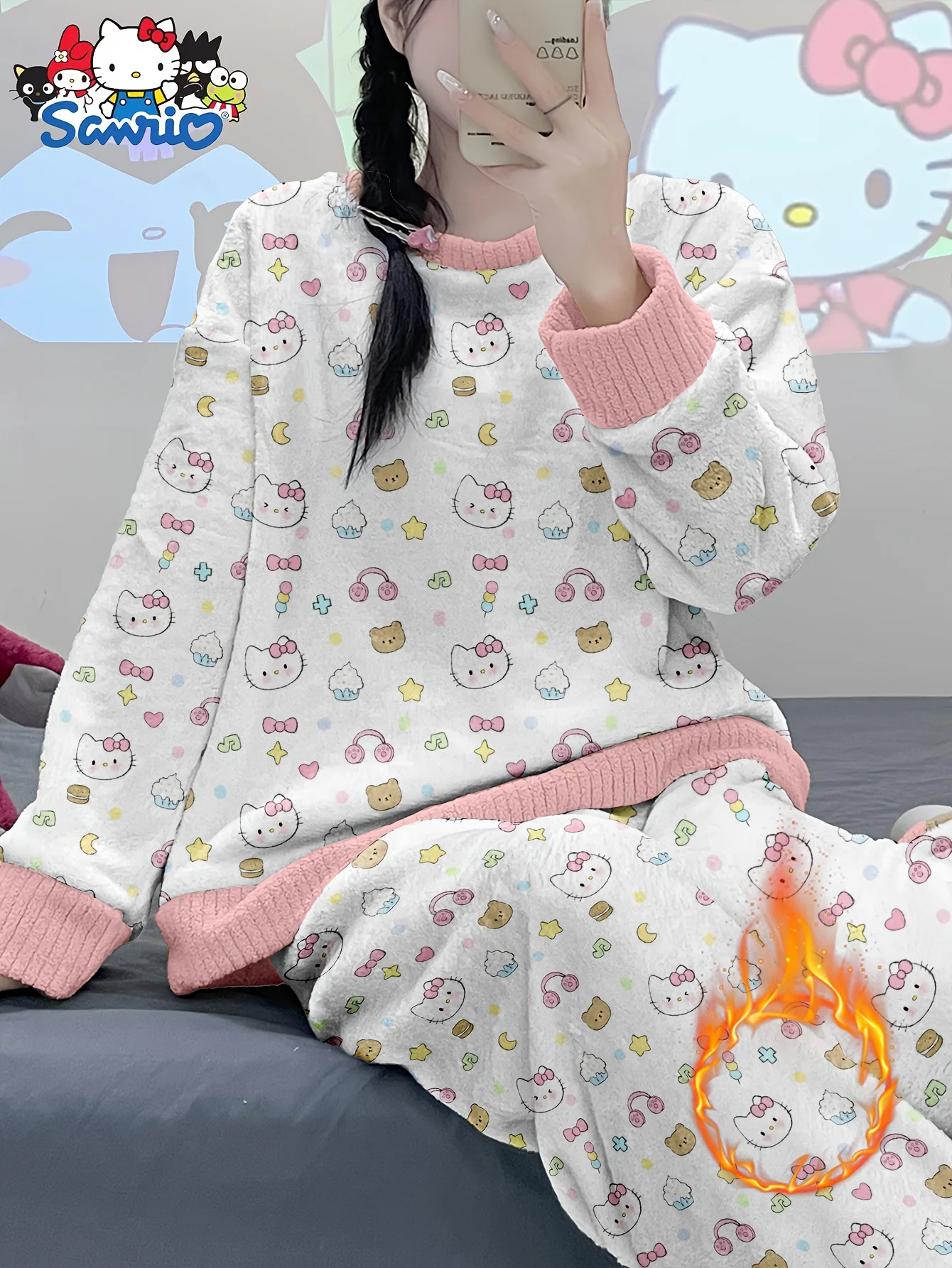 Women's HelloKitty velvet pajama set, featuring a long-sleeve top and matching pants, comfortable winter sleepwear