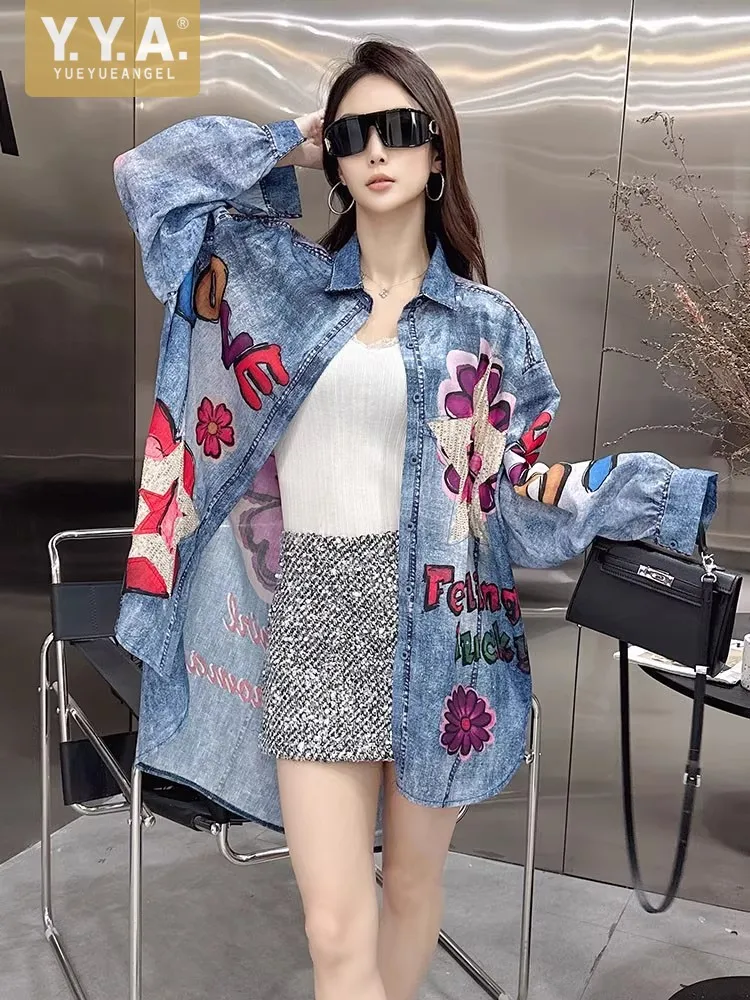 

Hot Sale Summer Women Cotton Linen Floral Printed Shirts Single Breasted Loose Fit Fashion Mid Long Thin Tops Sunscreen Shirt