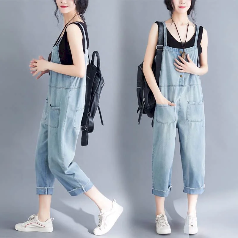 Denim Jumpsuits for Women Harajuku Sleeveless Straight Pants One Piece Outfits Women Capri Pants Loose Casual Vintage Playsuits