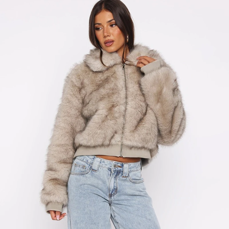 TARUXY Modna Ciepła Kurtka z Klapami Damska Luźna Zapinana na Zamek Długi Rękaw Łączona ze Sztucznym Futrem Płaszcz do Pracy Zimowy Nowość 2025