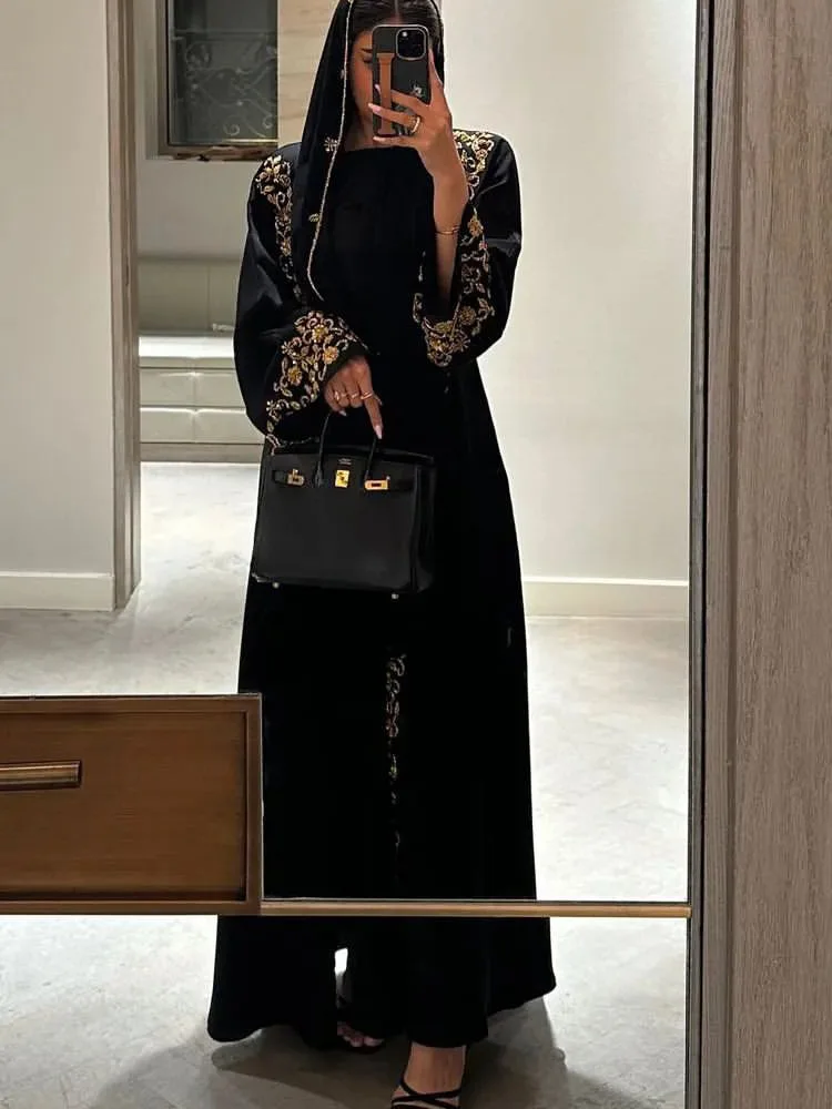 Luxury Abaya Embroidered Sequin Evening Abaya Long Sleeve Modest Abaya Middle Eastern Black Gown Hijab Friendly Party Wear