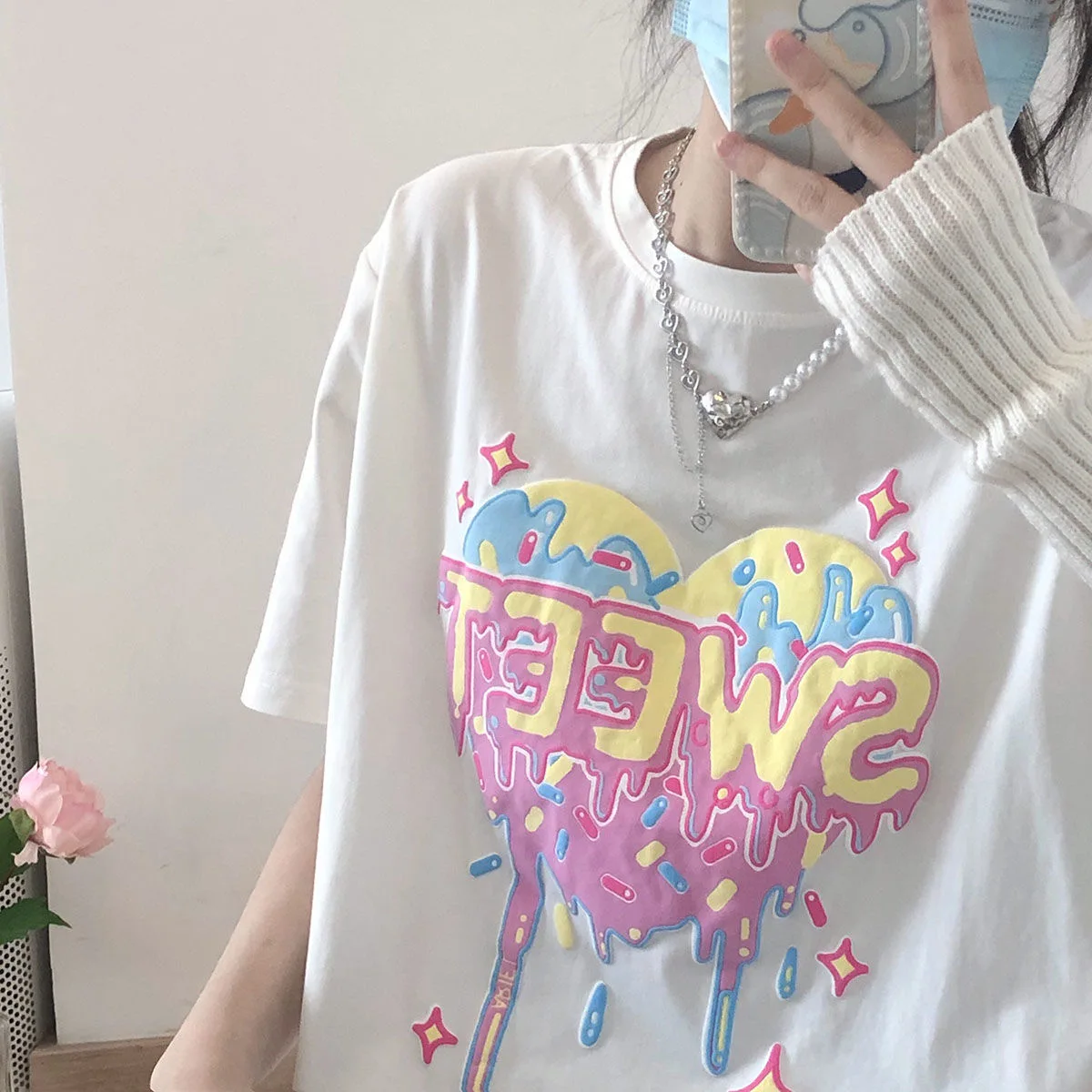 Heart Donut Printed Y2K T Shirts 100 Cotton Summer Sweet Cute Women T-shirt Oversized Tees Casual Loose Short Sleeve Tops