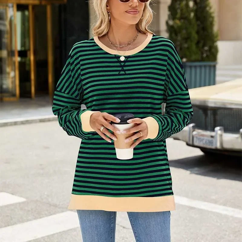 

Femme Striped 2024 Autumn Long Sleeve Hoodies Fashion Loose Streetwear Warm Winter Sweatshirt O-neck Split Casual Ropa De Mujer