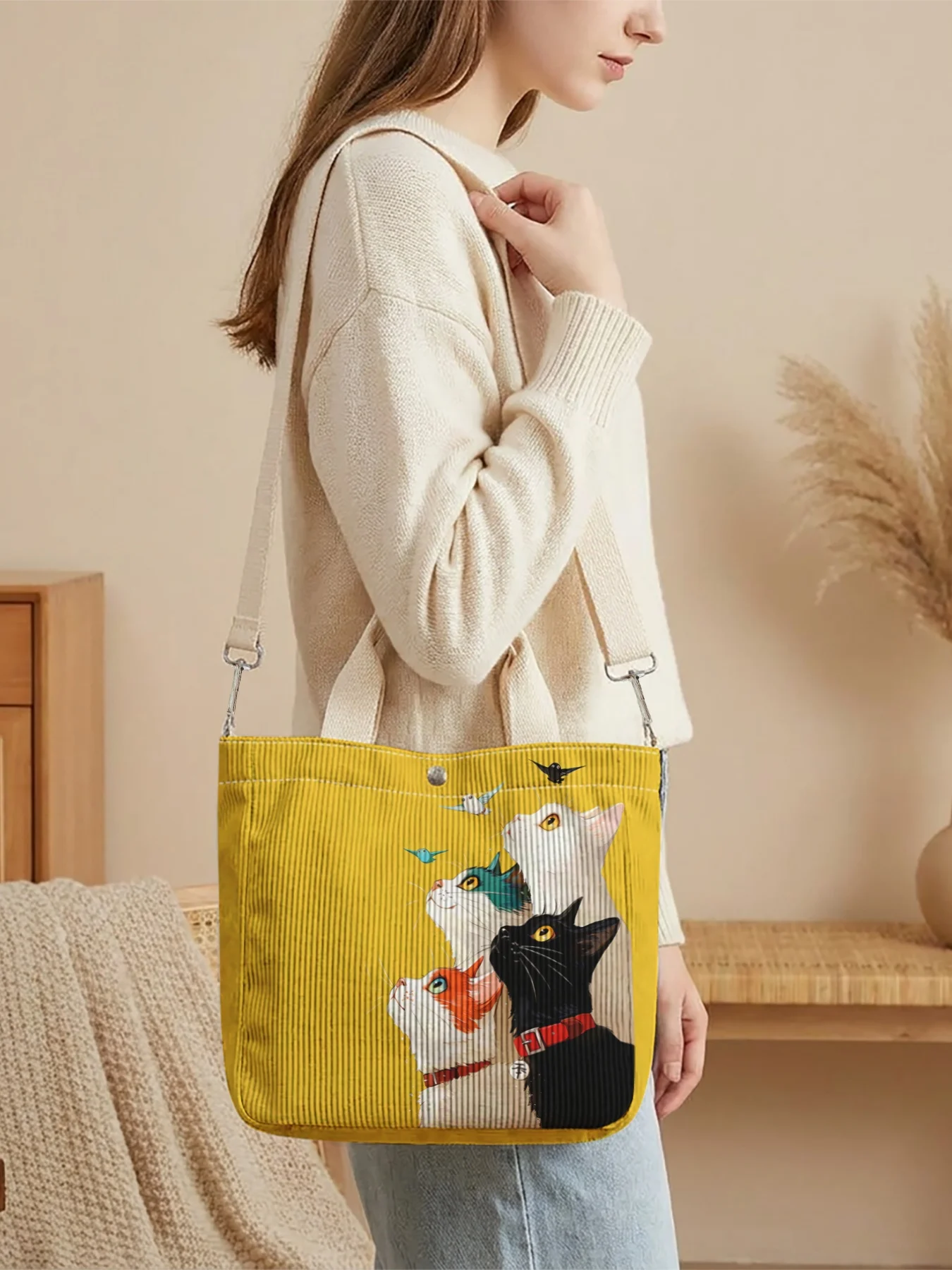 Cute Multi Cats Print Tote Bag Removable Shoulder Strap Handbag For Shopping Daily Use