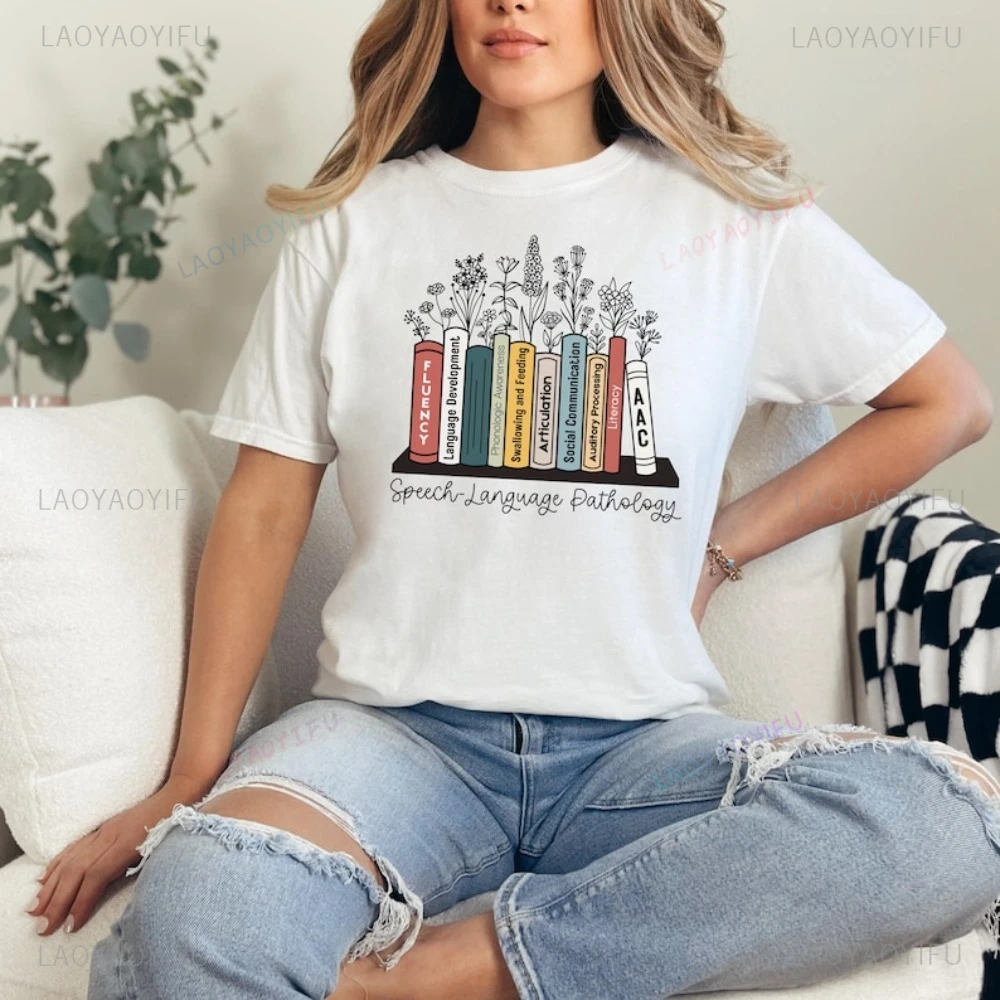 Retro Speech Language Pathology T-Shirt Gift for Therapy Book Lover Tshirt Short Sleeve Casual Fashion Loose Harajuku Women Tee