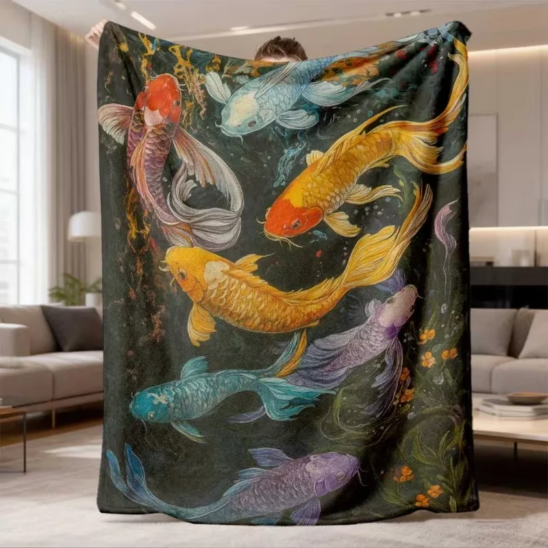 Lucky Koi Fish Lotus Blanket Blue Water Surface Art Print Soft Warm Oriental Style Blanket Living Room Decor