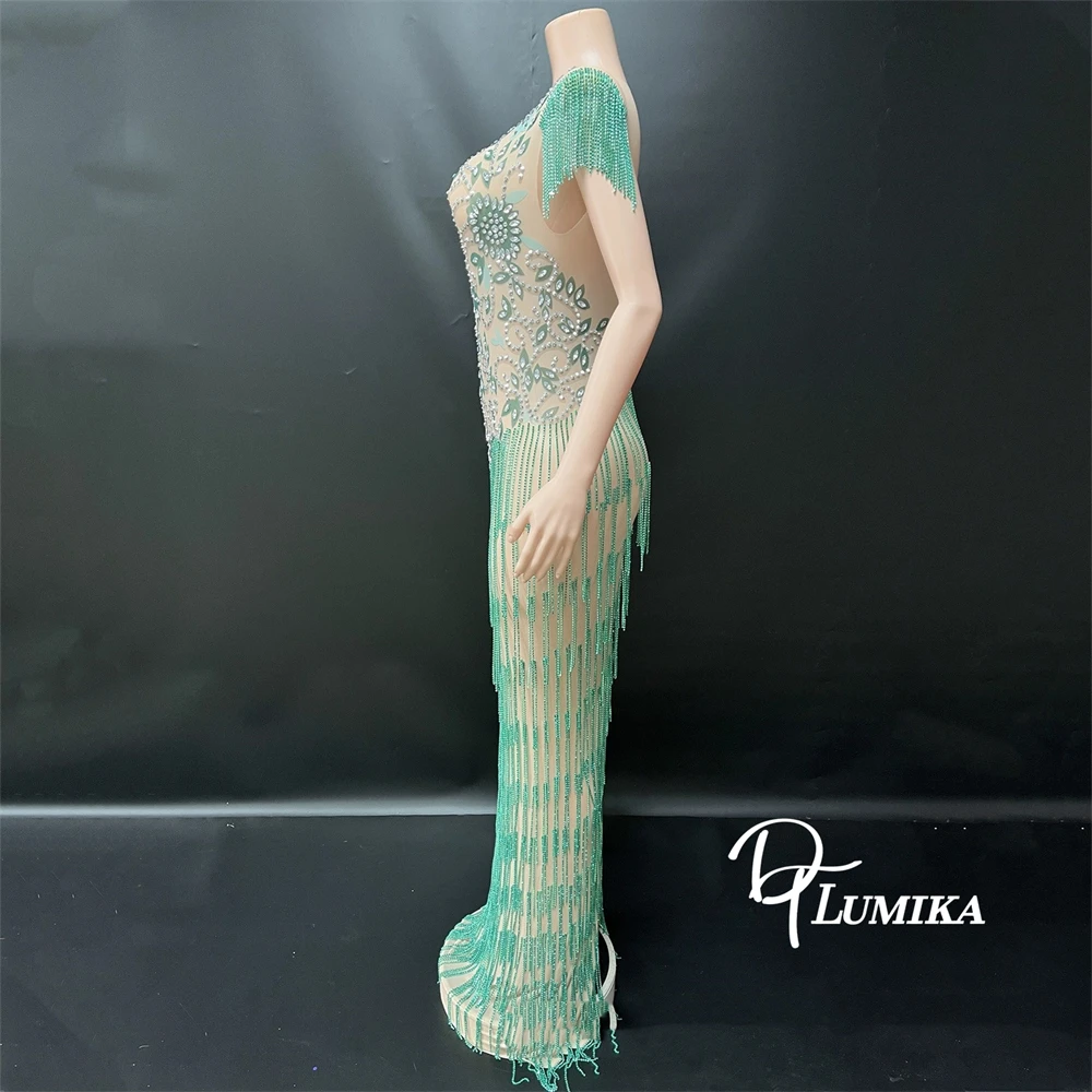 DTLumika vert glands longue gaine robe de soirée perles cristaux robes de soirée robes de Cocktail avec des glands robe de soirée de Cocktail