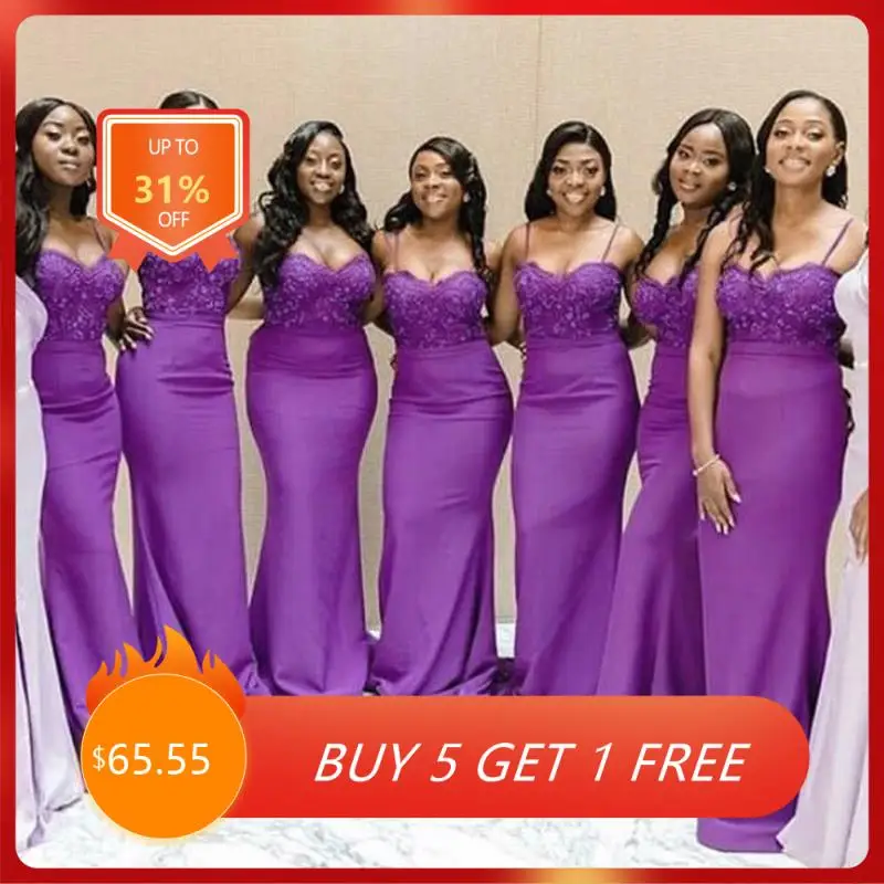 

Spaghetti Strap Royal Purple Bridesmaid Dresses Long Beads Applique Mermaid Maid Of Honor Wedding Party Dress Robe De Soiree