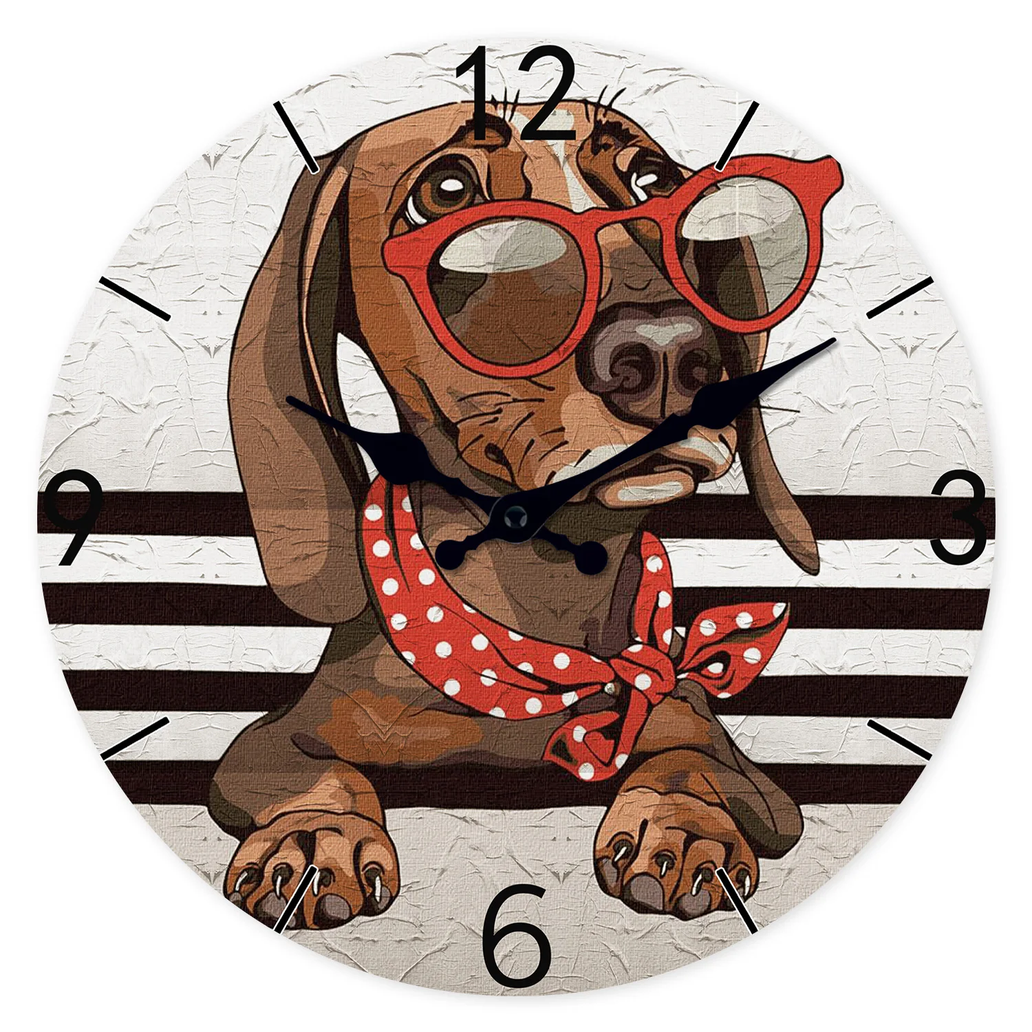 Personalisierte Dackel-Wanduhr mit roten Brille aus Holz für Wohnzimmer, Schlafzimmer, Küche, Heimdekoration, geräuschlose Quarzuhr, Weihnachtsgeschenk, 10 Zoll, 12 Zoll (ohne Batterie)