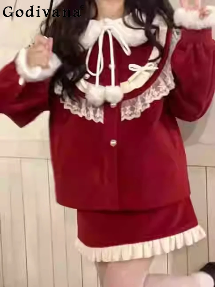 

Зимнее рождественское японское красное шерстяное студенческое пальто с милым воротником Питера Пэна, белая нижняя рубашка, возрастные юбки с высокой талией
